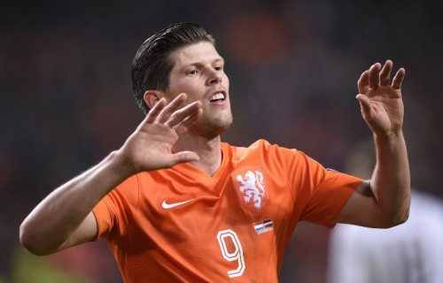 Dutch player Klaas-Jan Huntelaar celebrates after scoring during the Euro 2016 qualifying round football match between the Netherlands and Latvia at the Arena Stadium, on November 16, 2014 in Amsterdam. AFP PHOTO / JOHN THYS